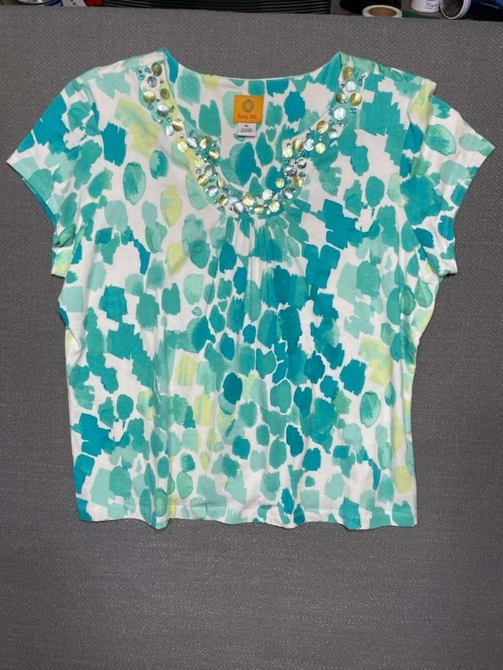 Ruby Rd XL Blouse Top Teal Aqua Green Watercolor Abstract Beaded Embellished
